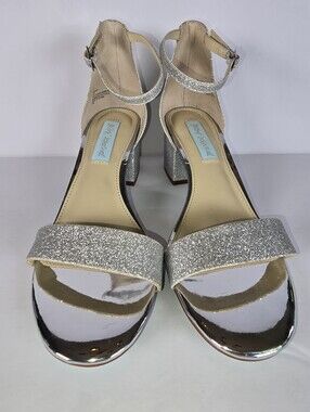 Blue by Betsey Johnson Miri Silver Glitter Heels Ankle Wrap Dressy Sandals 6.5